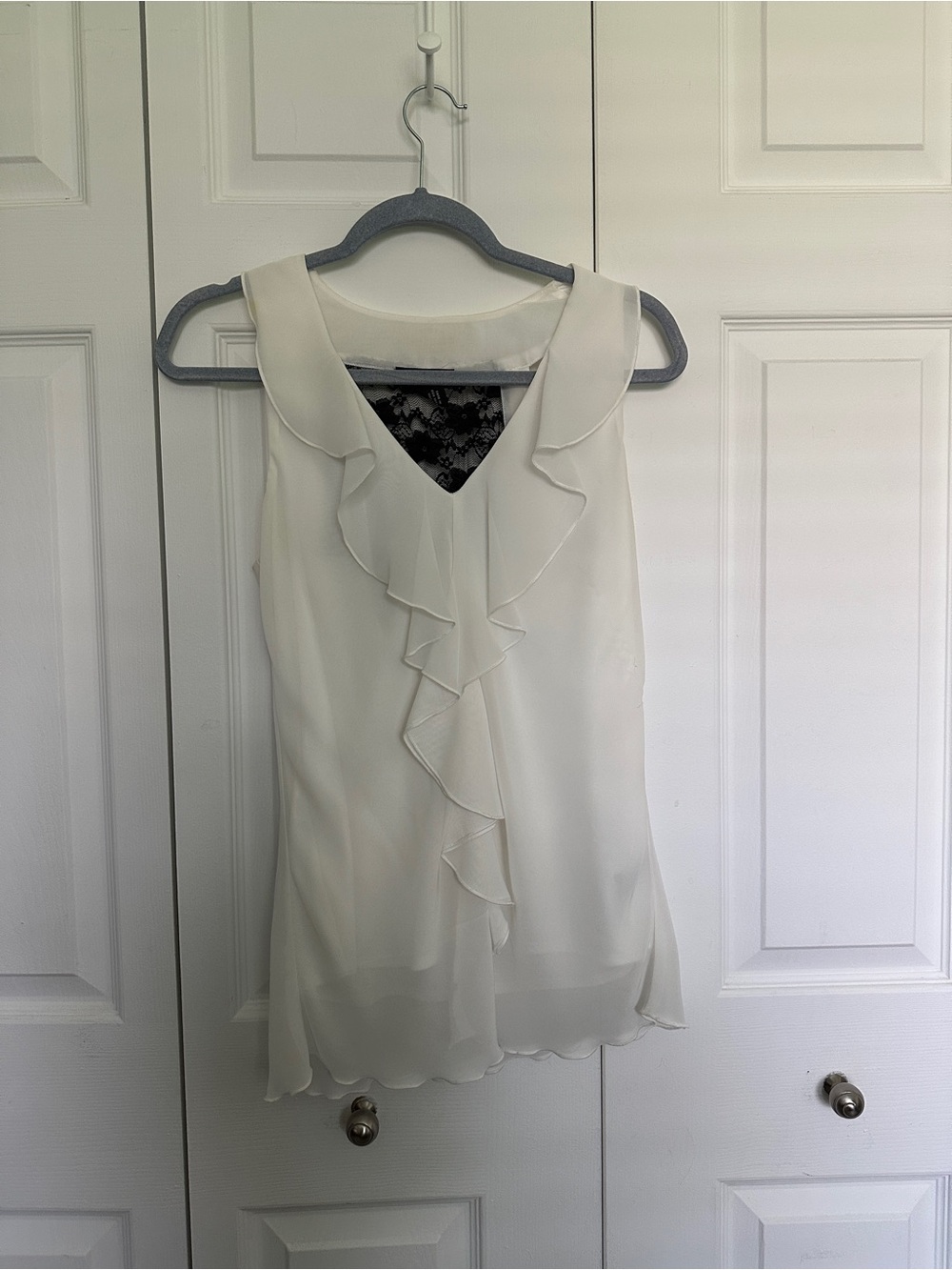 BCX Cream Ruffle V‑Neck Blouse with Black Lace Inset